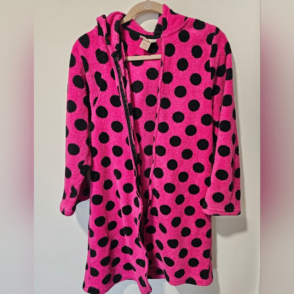Sweet By Age Group Pink and Black Polka Dot Plush Hooded Robe